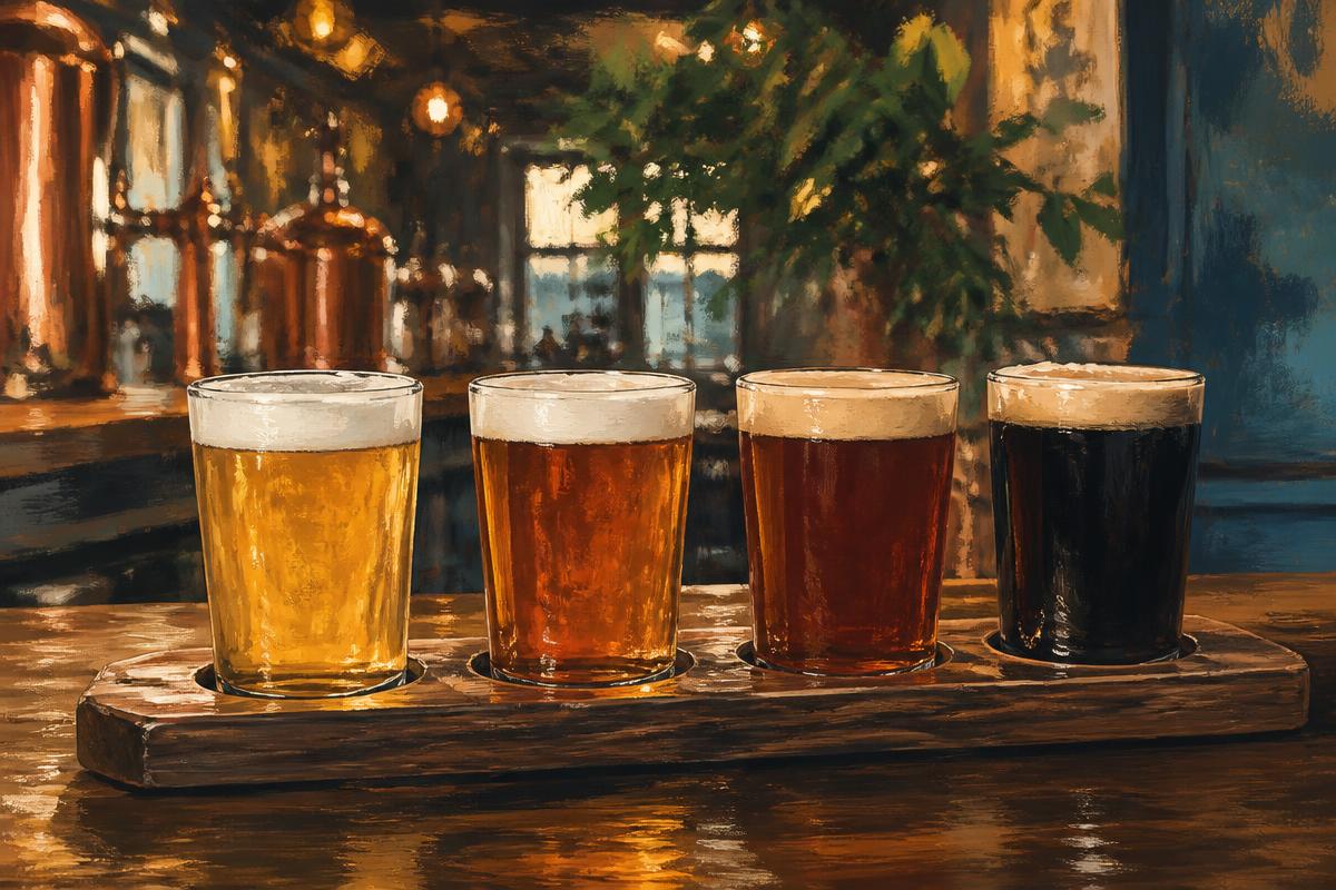 Illustration: a flight of craft beer glasses on a wooden bar