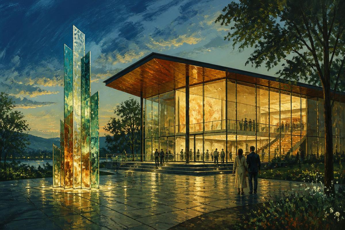 Illustration: a contemporary glass-fronted arts building glowing at dusk
