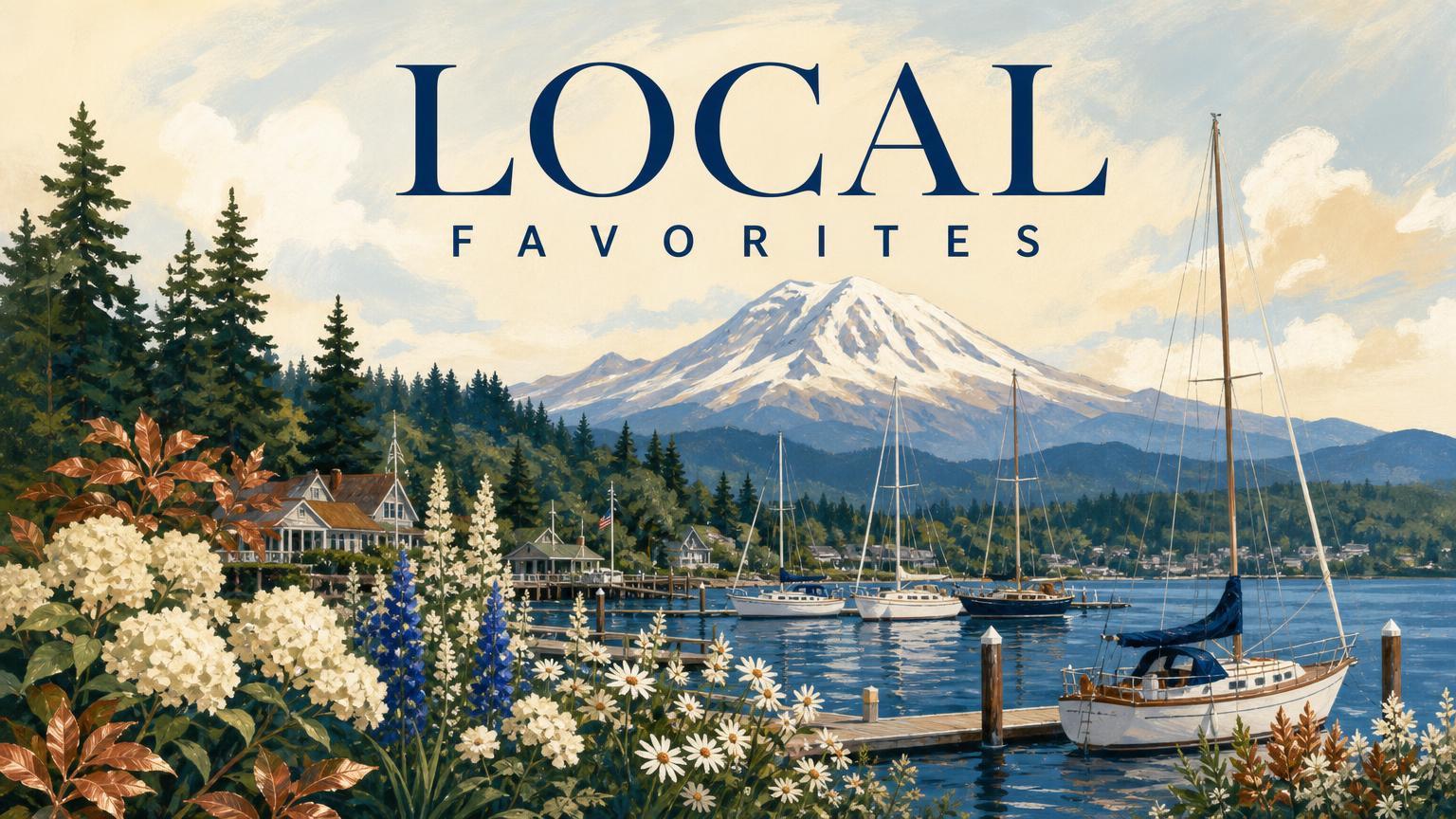 Illustration: a small marina with sailboats and a flowering garden, titled Local Favorites