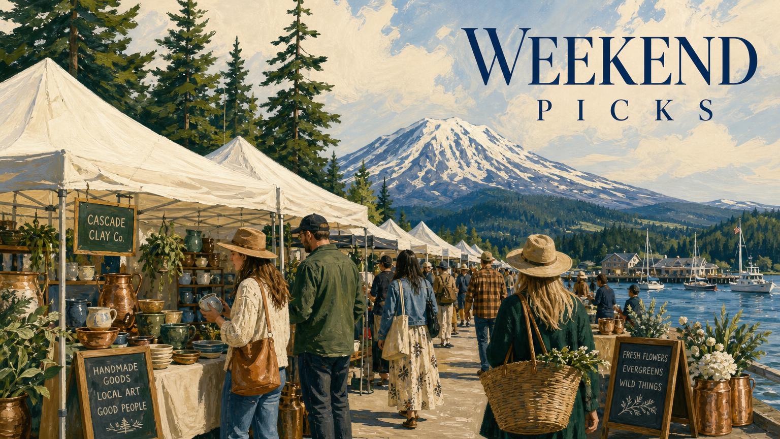 Illustration: an outdoor market of white canopy tents beside the water, titled Weekend Picks