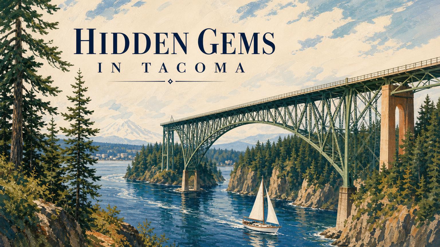 Illustration: a steel truss bridge over a forested blue narrows, titled Hidden Gems in Tacoma