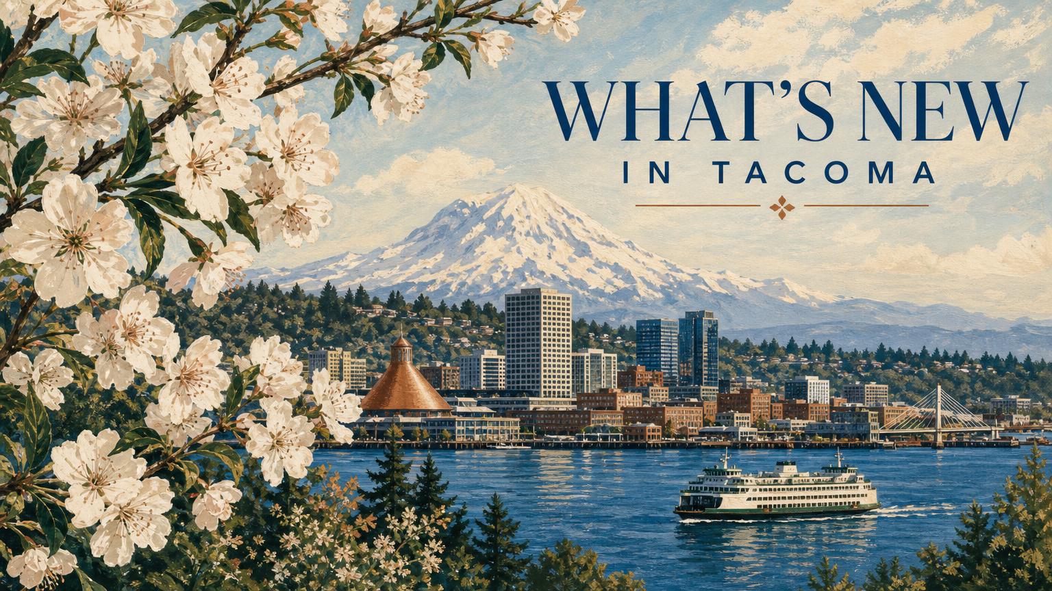 Illustration: spring blossoms framing a skyline across the water, titled What's New in Tacoma