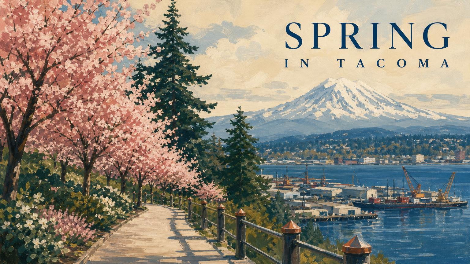 Illustration: blossoming trees along a waterfront path in spring, titled Spring in Tacoma