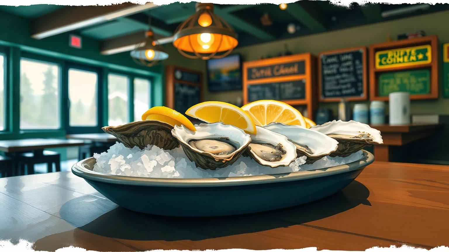 Illustration: a platter of oysters on ice with lemon on a restaurant counter