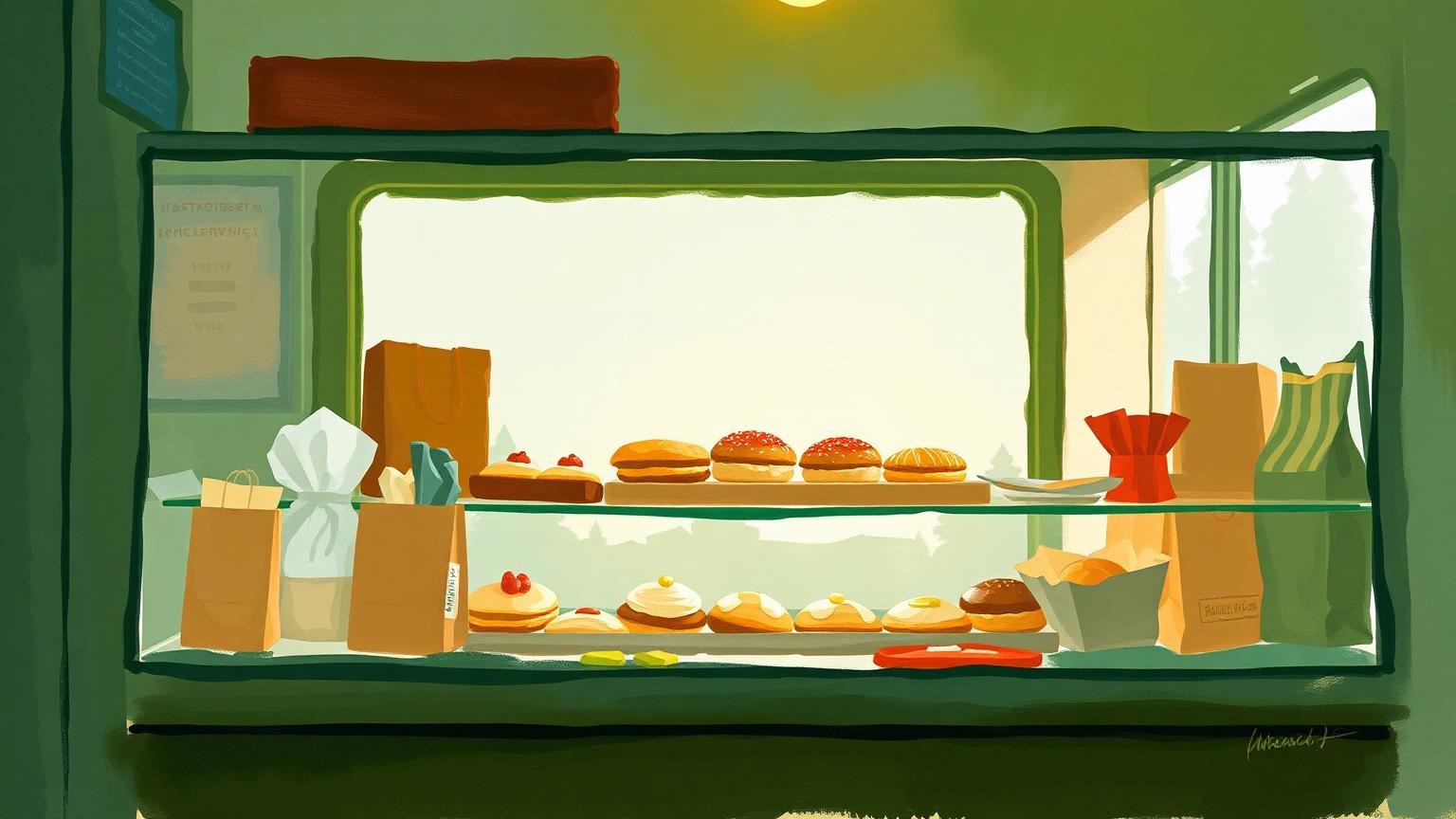 Illustration: a bakery case of pastries in soft morning light