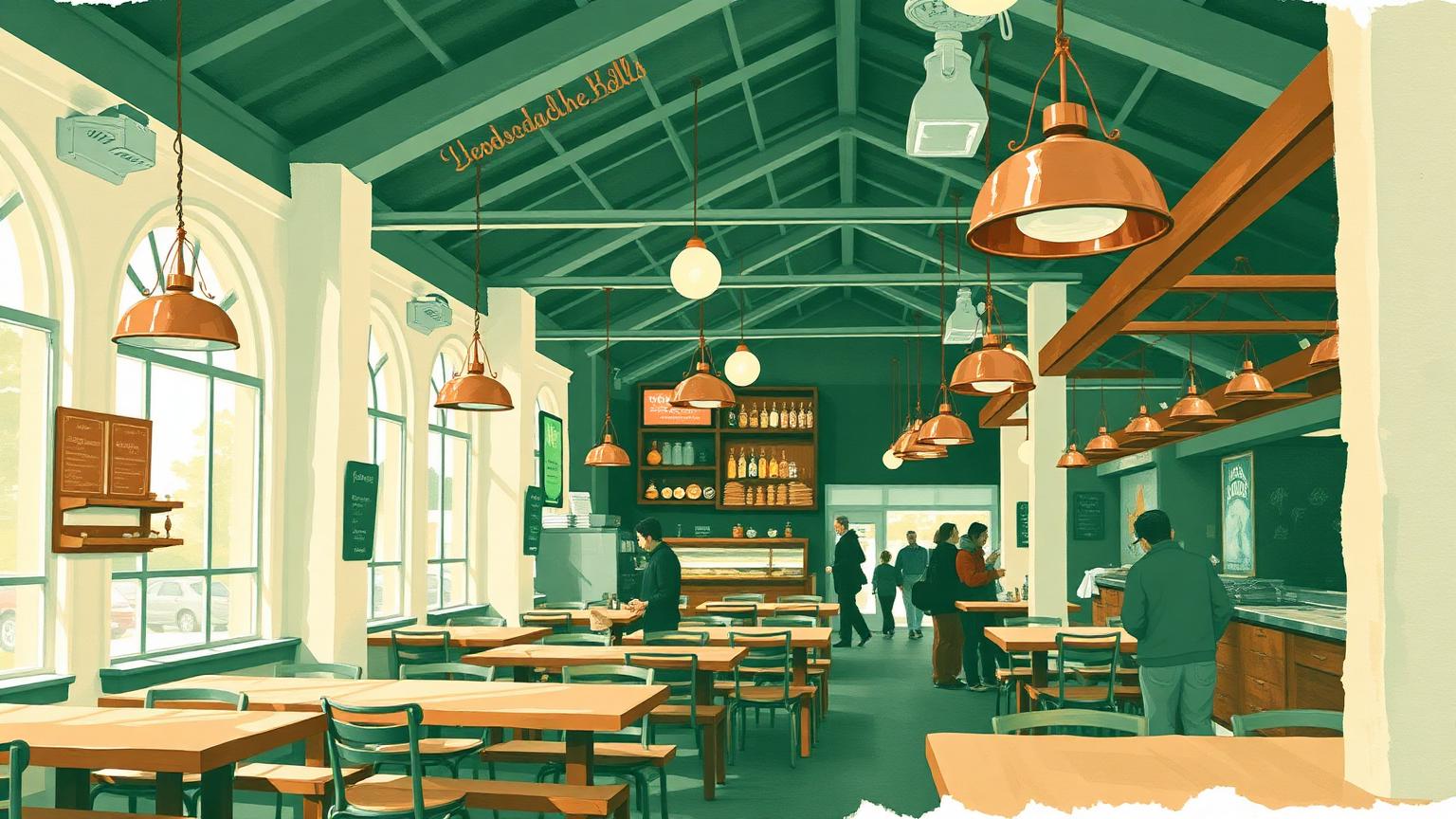 Illustration: an airy food hall with communal tables and copper pendant lights