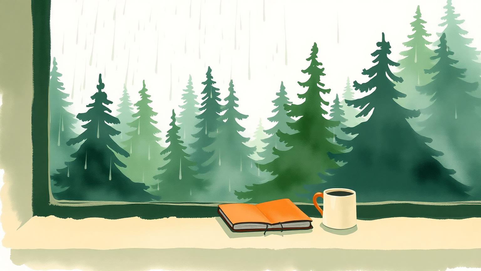 Illustration: a mug and notebook on a café windowsill with rain and evergreens outside