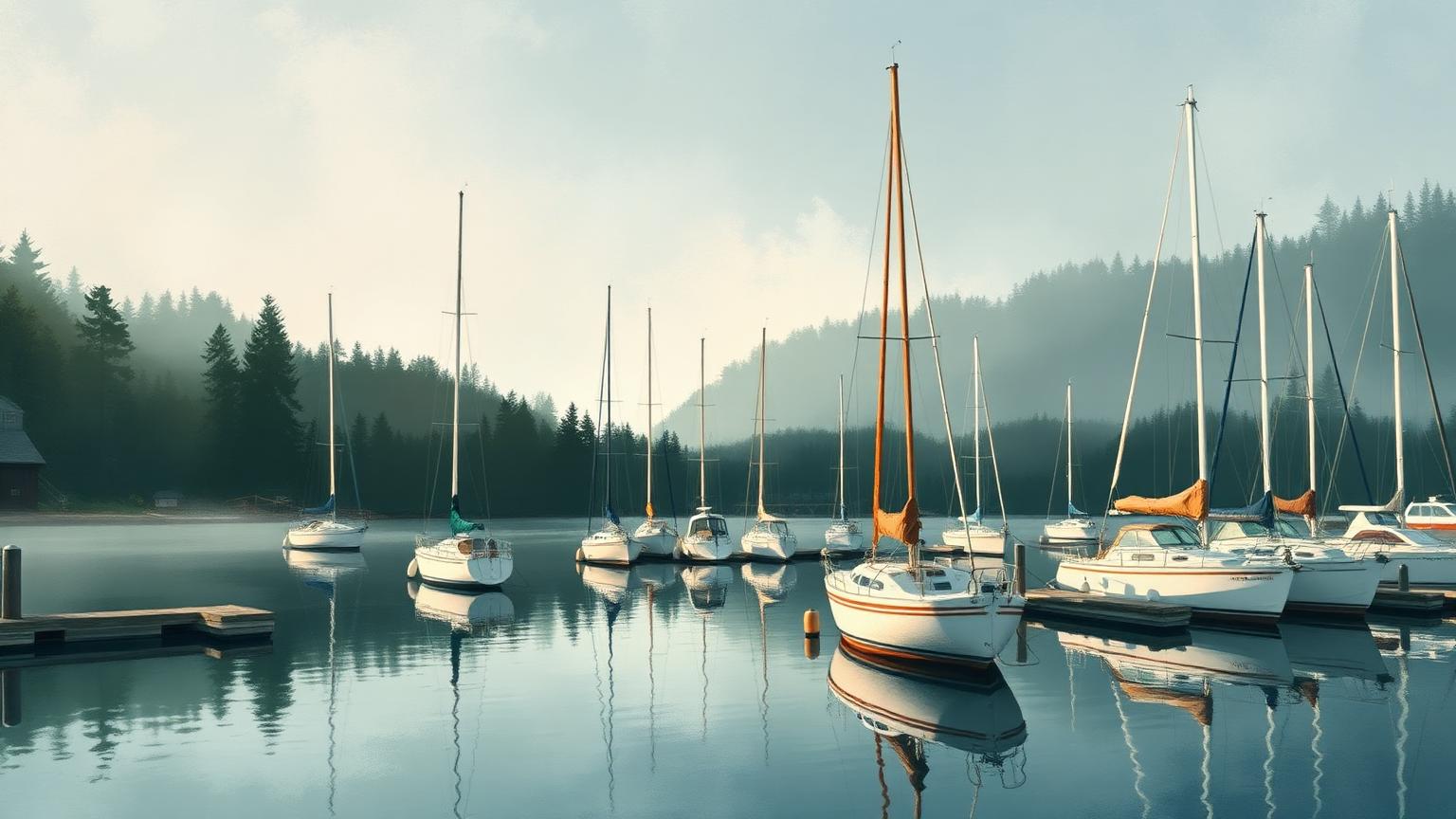 Illustration: sailboats moored in a misty marina at morning