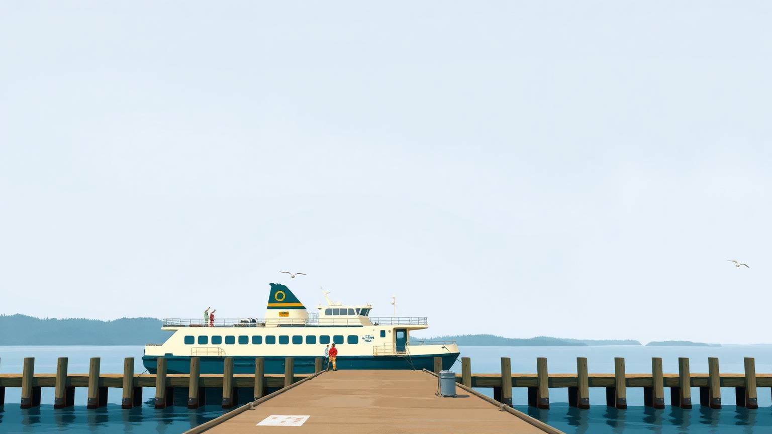 Illustration: a passenger ferry alongside a wooden dock under a wide pale sky