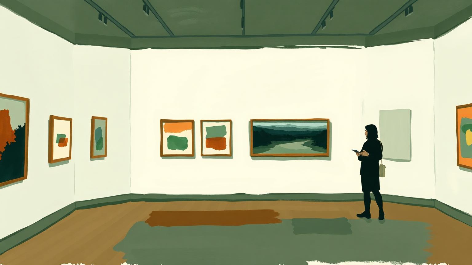 Illustration: a quiet gallery interior with abstract framed paintings and one visitor