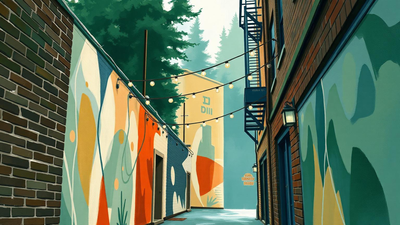 Illustration: a brick alley painted with abstract murals under string lights