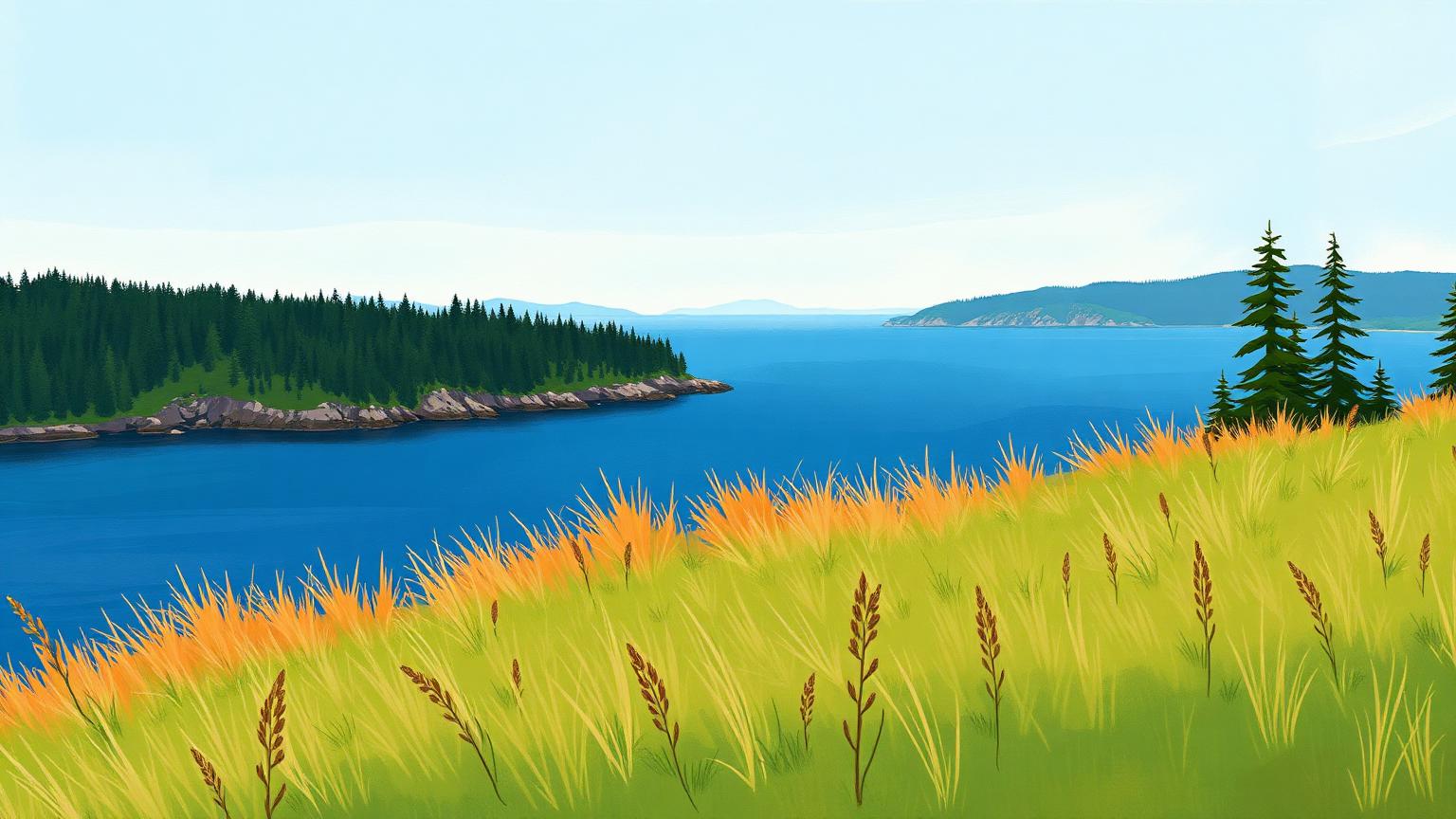 Illustration: a grassy bluff meadow overlooking blue water and forested points