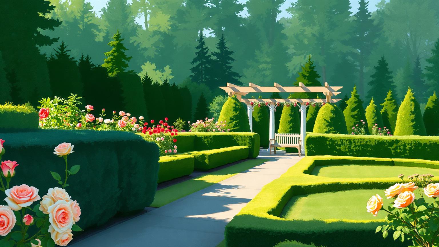 Illustration: a formal rose garden with clipped hedges and a pergola