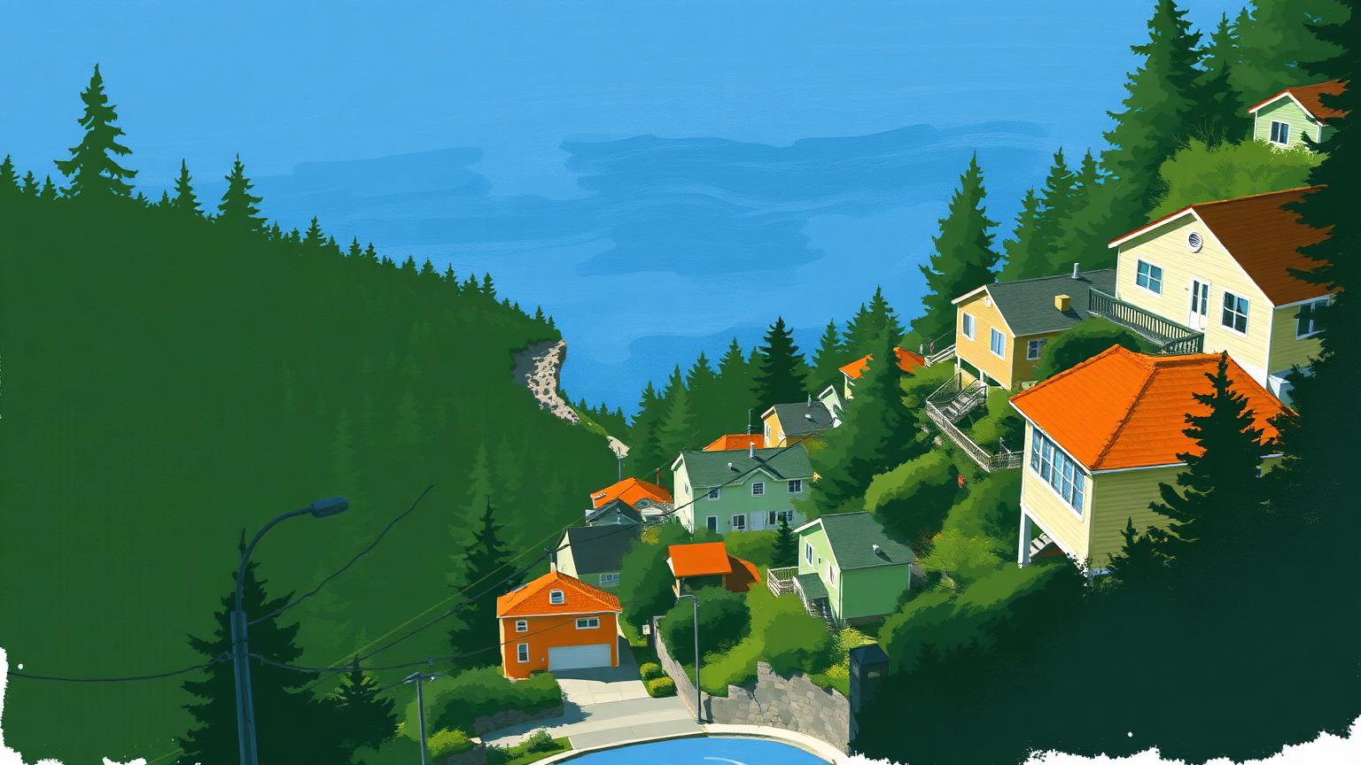 Illustration: hillside houses stepping down toward a blue bay