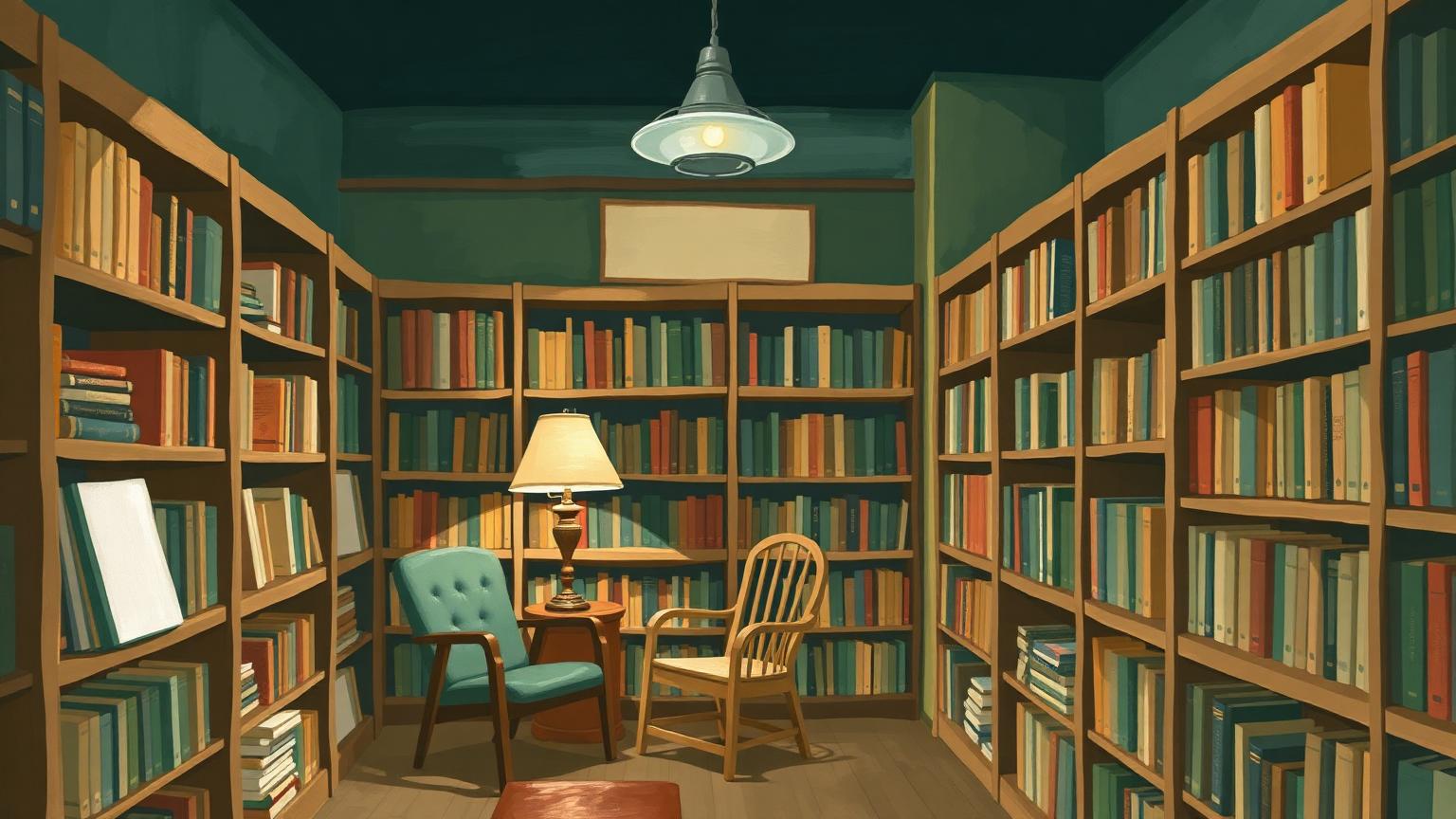 Illustration: a cosy independent bookstore with wooden shelves and a reading chair