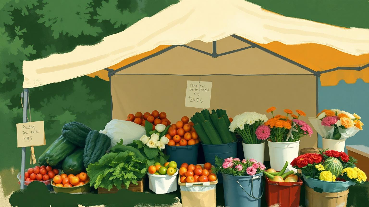 Illustration: a farmers market stall of produce and cut flowers under a canopy