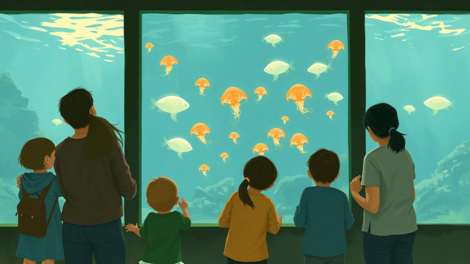 Illustration: families watching fish and jellyfish through a large aquarium window