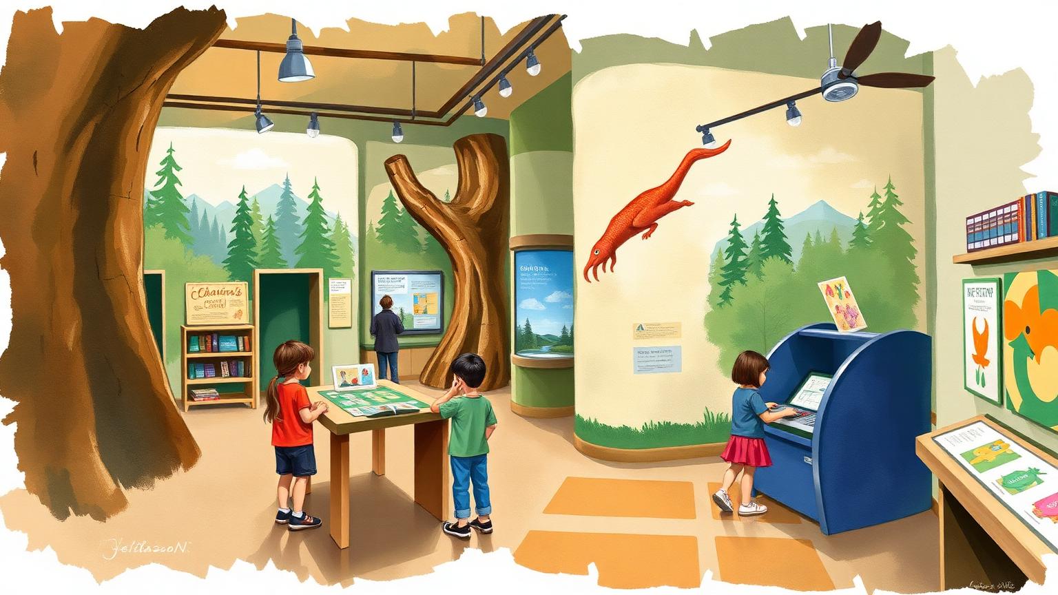 Illustration: children exploring colourful interactive exhibits in a museum gallery
