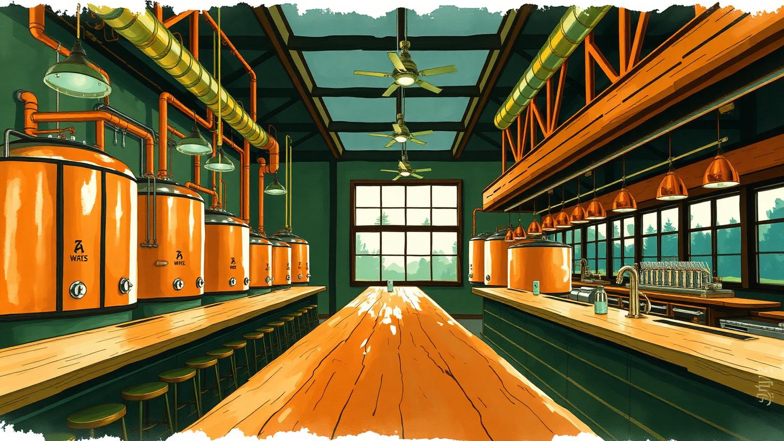 Illustration: a warm taproom with a long wooden bar and copper brewing tanks