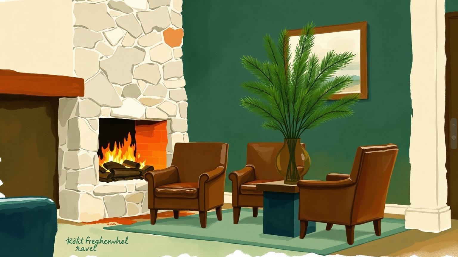 Illustration: a hotel lobby with a stone fireplace and leather armchairs