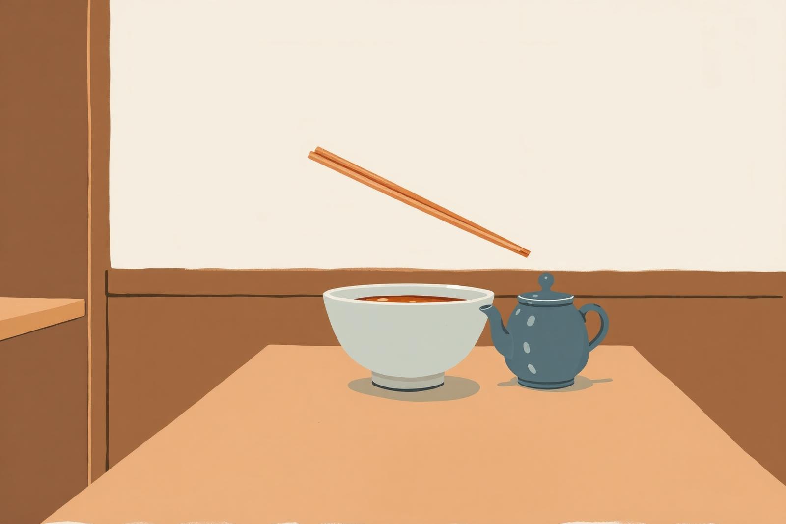 Illustration: a plain ceramic noodle bowl with chopsticks and a small teapot on a wooden table